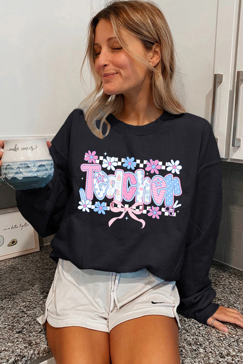 Floral Checkered Print Graphic Crew Neck Teacher Sweatshirt