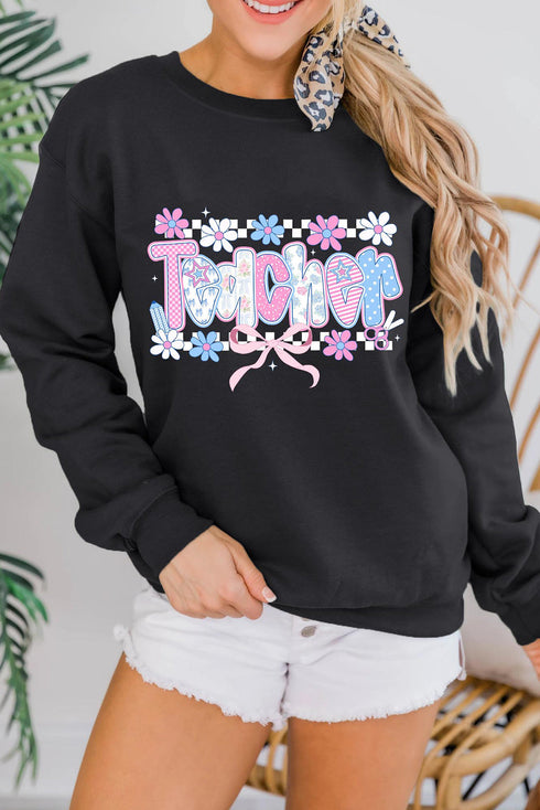 Floral Checkered Print Graphic Crew Neck Teacher Sweatshirt