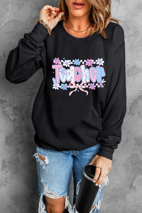 Floral Checkered Print Graphic Crew Neck Teacher Sweatshirt