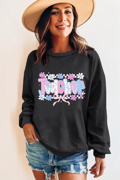 Floral Checkered Print Graphic Crew Neck Teacher Sweatshirt
