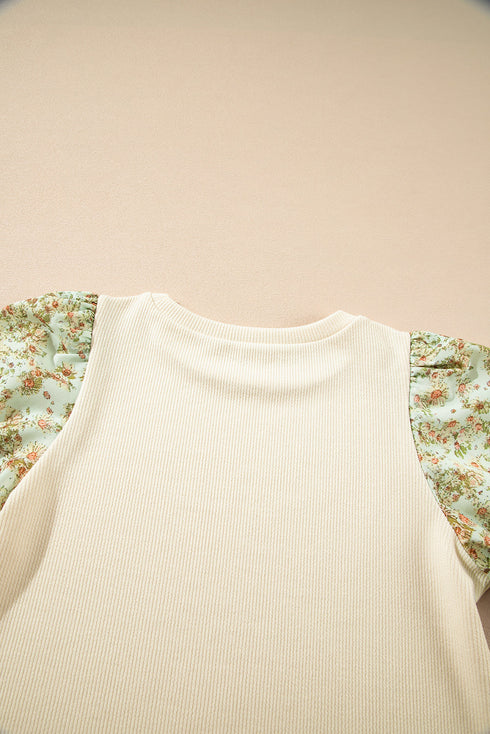 Floral Contrast Puff Sleeve Ribbed Knit Round Neck Top