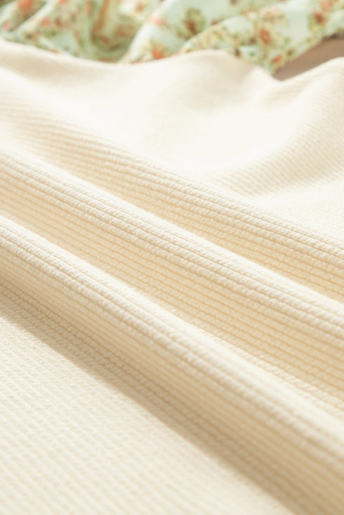 Floral Contrast Puff Sleeve Ribbed Knit Round Neck Top