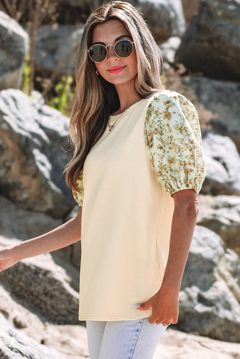 Floral Contrast Puff Sleeve Ribbed Knit Round Neck Top