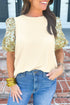 Floral Contrast Puff Sleeve Ribbed Knit Round Neck Top