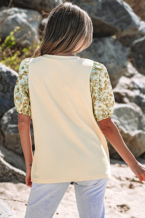 Floral Contrast Puff Sleeve Ribbed Knit Round Neck Top