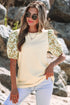 Floral Contrast Puff Sleeve Ribbed Knit Round Neck Top