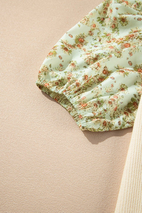 Floral Contrast Puff Sleeve Ribbed Knit Round Neck Top
