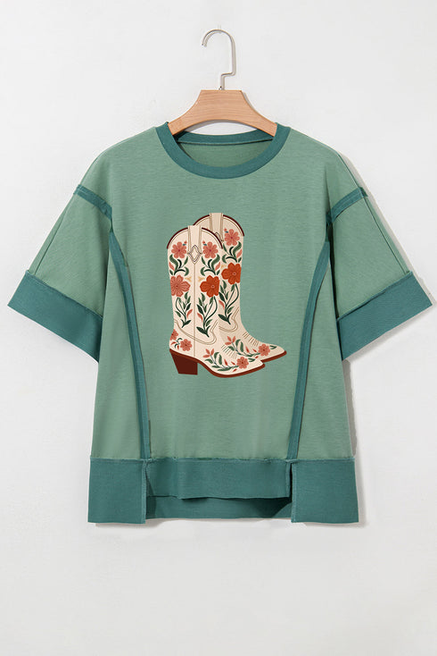Floral Cowboy Boots Graphic Print Raw Seam Patchwork Tee