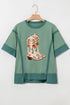 Floral Cowboy Boots Graphic Print Raw Seam Patchwork Tee