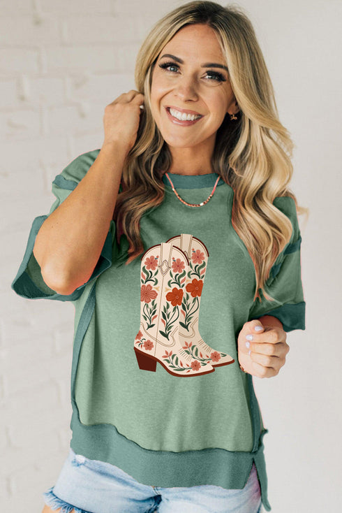 Floral Cowboy Boots Graphic Print Raw Seam Patchwork Tee