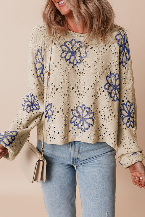 Floral Crochet Bell Sleeve Scalloped Hem Top