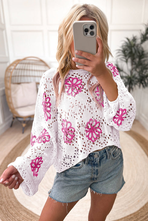 Floral Crochet Bell Sleeve Scalloped Hem Top
