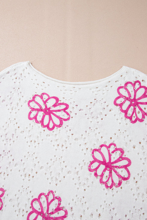 Floral Crochet Bell Sleeve Scalloped Hem Top
