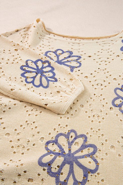 Floral Crochet Bell Sleeve Scalloped Hem Top