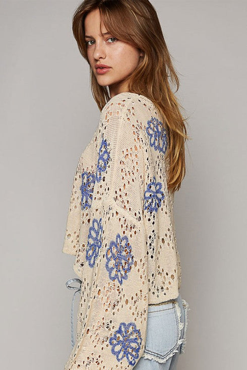 Floral Crochet Bell Sleeve Scalloped Hem Top
