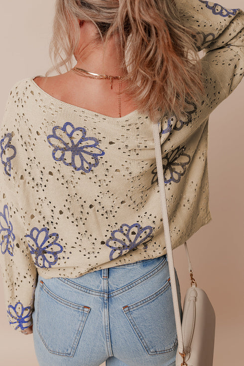 Floral Crochet Bell Sleeve Scalloped Hem Top