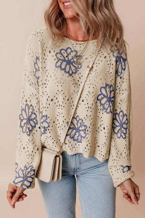 Floral Crochet Bell Sleeve Scalloped Hem Top