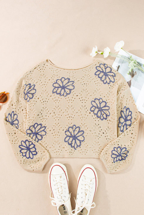 Floral Crochet Bell Sleeve Scalloped Hem Top