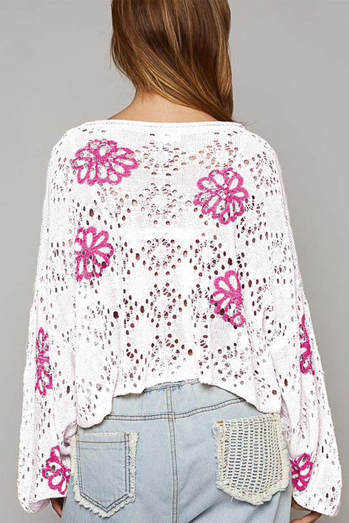 Floral Crochet Bell Sleeve Scalloped Hem Top