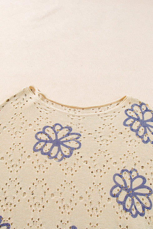 Floral Crochet Bell Sleeve Scalloped Hem Top