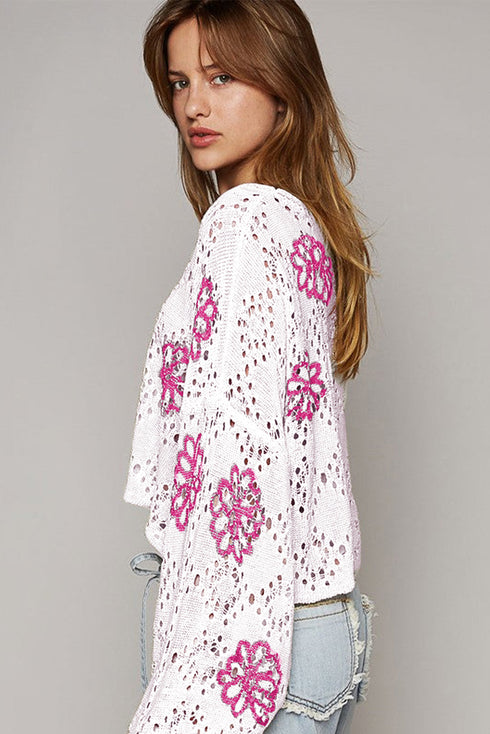Floral Crochet Bell Sleeve Scalloped Hem Top