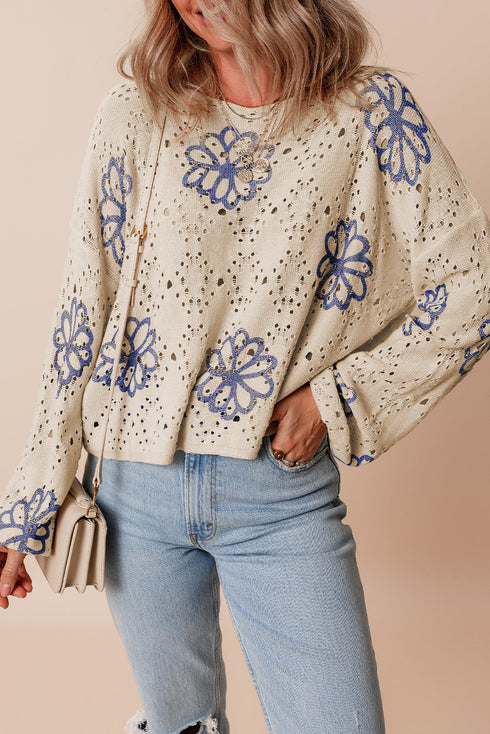 Floral Crochet Bell Sleeve Scalloped Hem Top