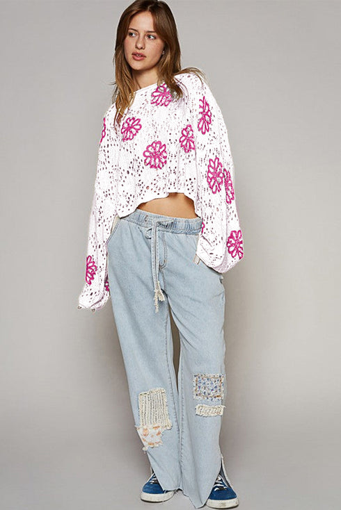 Floral Crochet Bell Sleeve Scalloped Hem Top