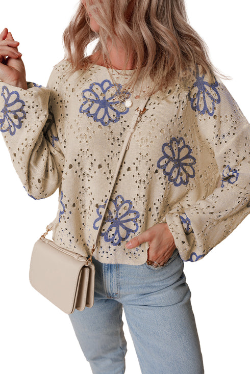 Floral Crochet Bell Sleeve Scalloped Hem Top