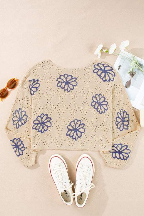 Floral Crochet Bell Sleeve Scalloped Hem Top