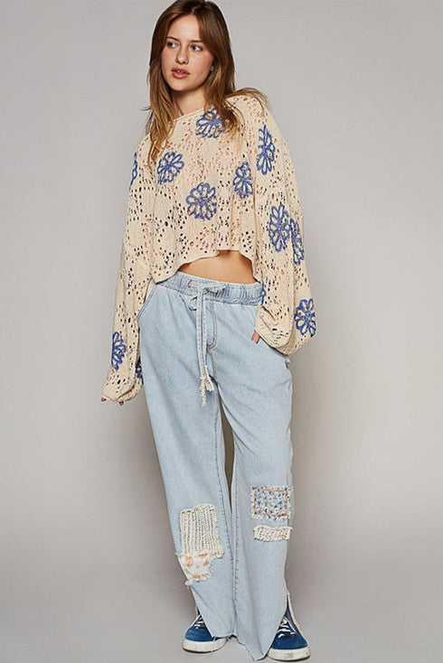 Floral Crochet Bell Sleeve Scalloped Hem Top