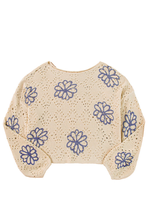 Floral Crochet Bell Sleeve Scalloped Hem Top