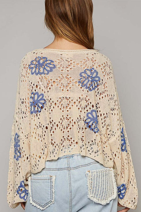 Floral Crochet Bell Sleeve Scalloped Hem Top