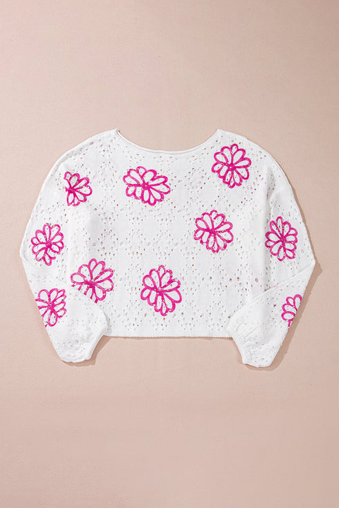 Floral Crochet Bell Sleeve Scalloped Hem Top