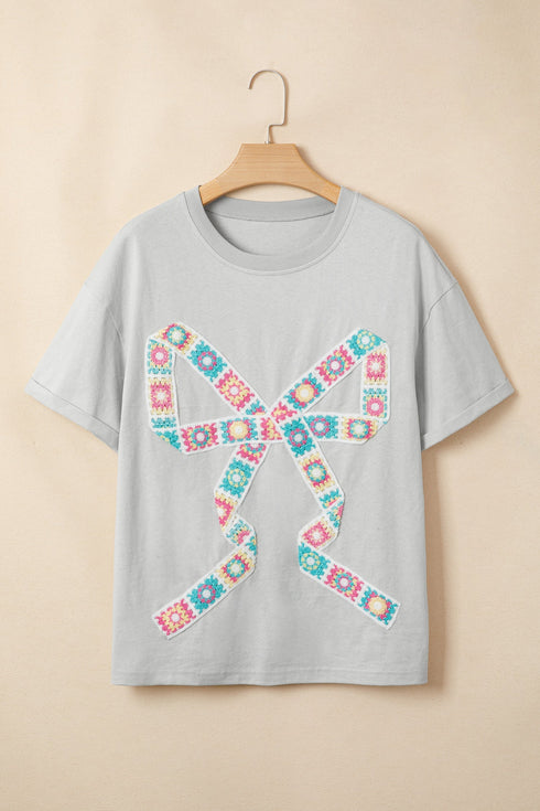 Floral Crochet Ribbon Bow Patched Cotton T Shirt
