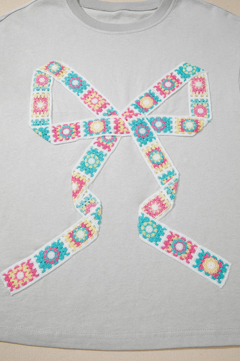 Floral Crochet Ribbon Bow Patched Cotton T Shirt