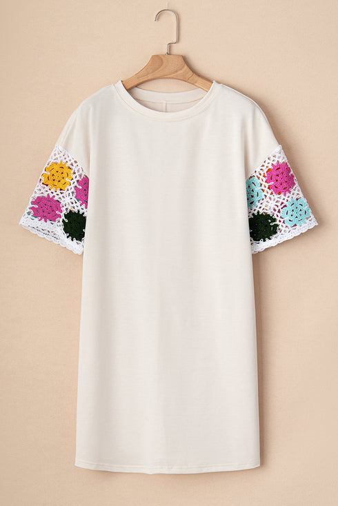 Floral Crochet Sleeve Jersey Knit Shift Dress
