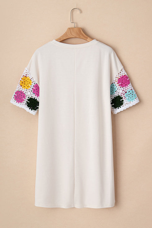 Floral Crochet Sleeve Jersey Knit Shift Dress