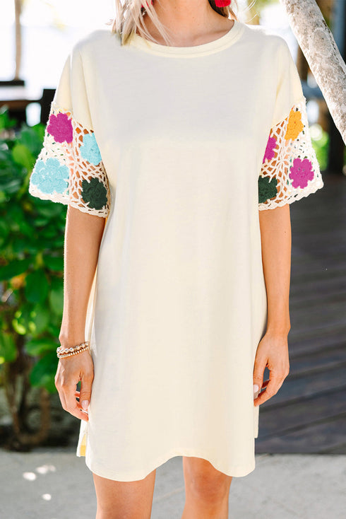 Floral Crochet Sleeve Jersey Knit Shift Dress