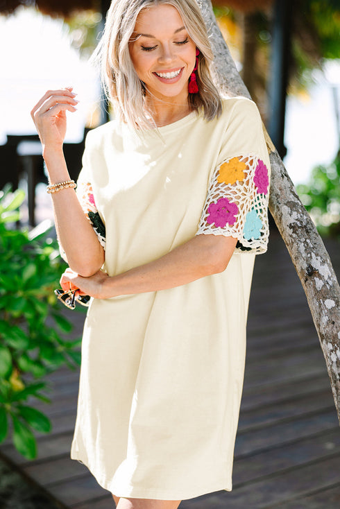 Floral Crochet Sleeve Jersey Knit Shift Dress