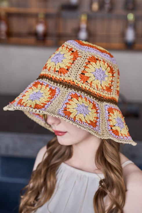 Floral Crochet Wide Brim Buckle Detail Hat