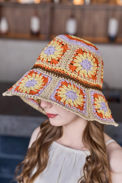 Floral Crochet Wide Brim Buckle Detail Hat
