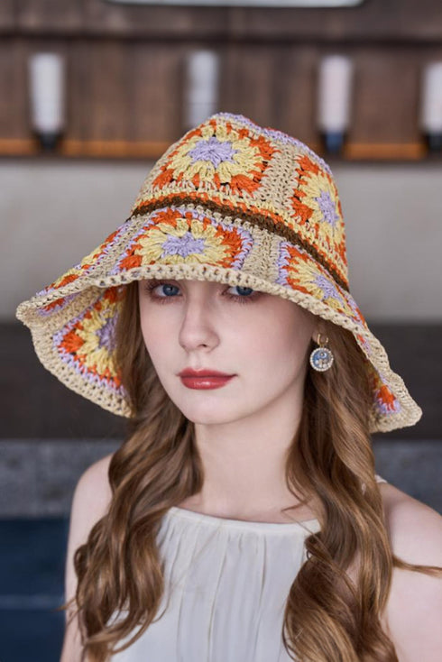 Floral Crochet Wide Brim Buckle Detail Hat