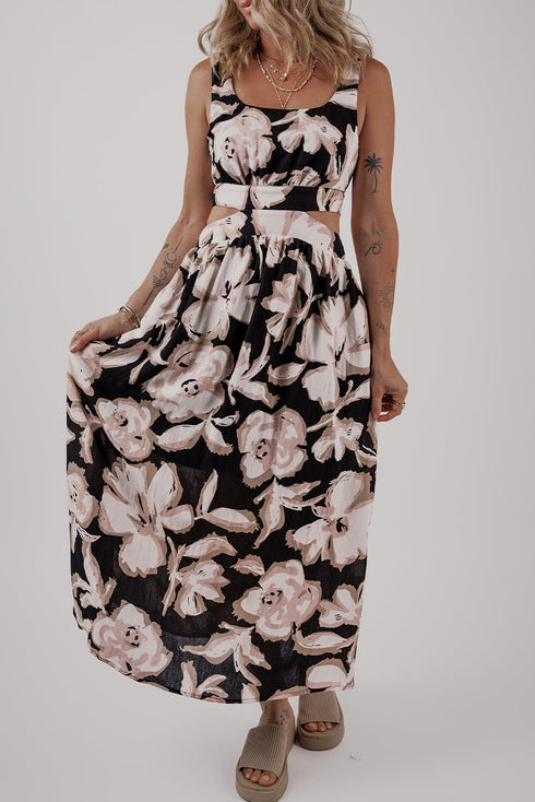 Floral Cutout Square Neck Knot Back Sleeveless Maxi Dress