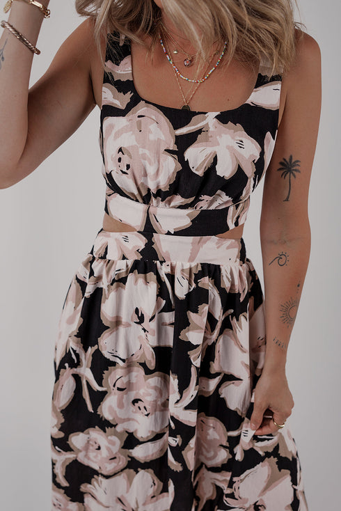 Floral Cutout Square Neck Knot Back Sleeveless Maxi Dress