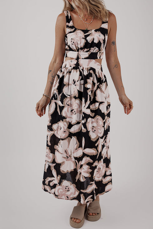 Floral Cutout Square Neck Knot Back Sleeveless Maxi Dress