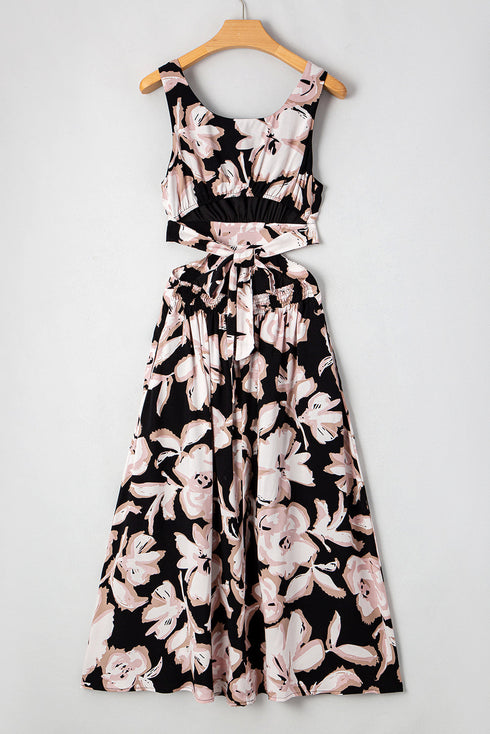 Floral Cutout Square Neck Knot Back Sleeveless Maxi Dress