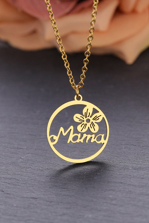 Floral Detailed Mama Script Pendant Alloy Necklace