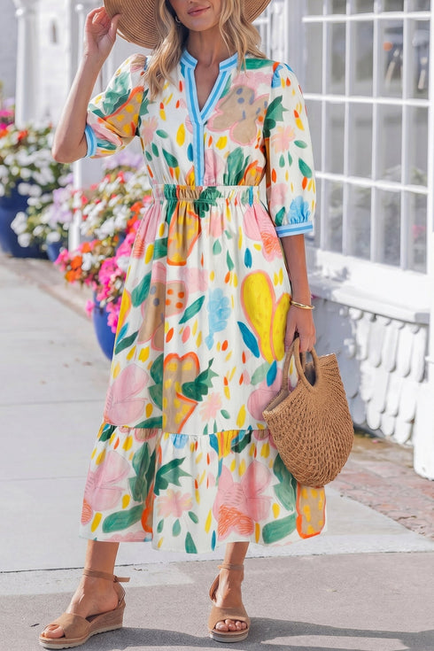 Floral Doodle Print Striped Trim V Neck Midi Dress
