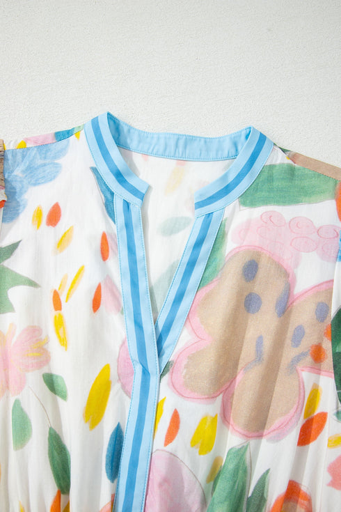 Floral Doodle Print Striped Trim V Neck Midi Dress