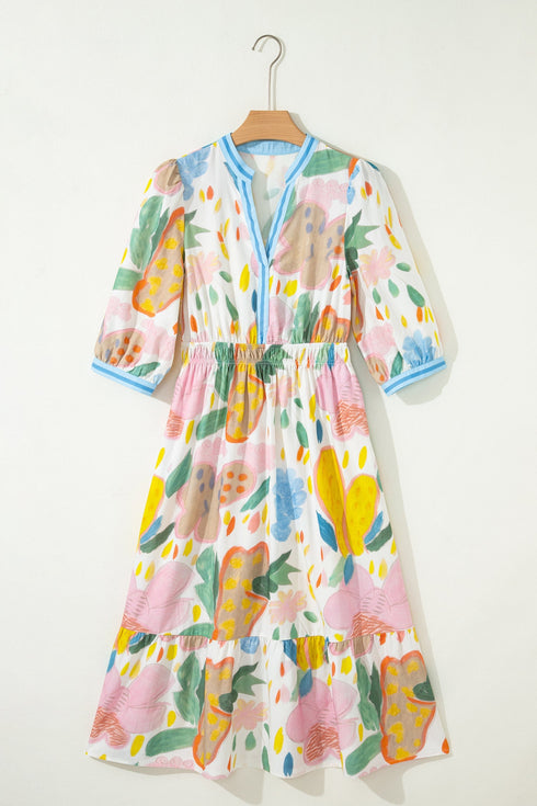 Floral Doodle Print Striped Trim V Neck Midi Dress